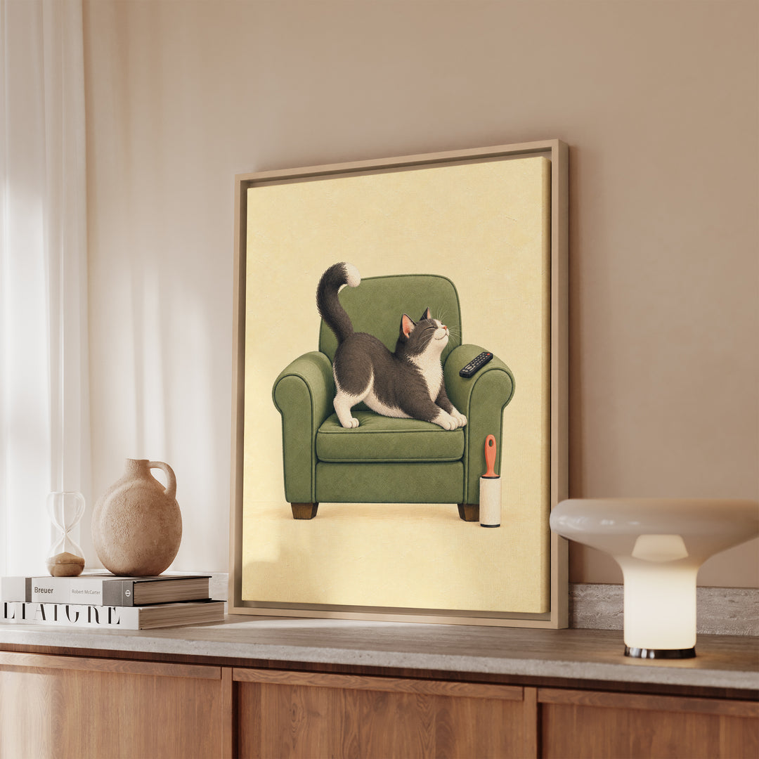 Cat Dad Club – Cat Dad Art with a Reserved Armchair and a Remote – Framed Canvas Wall Art