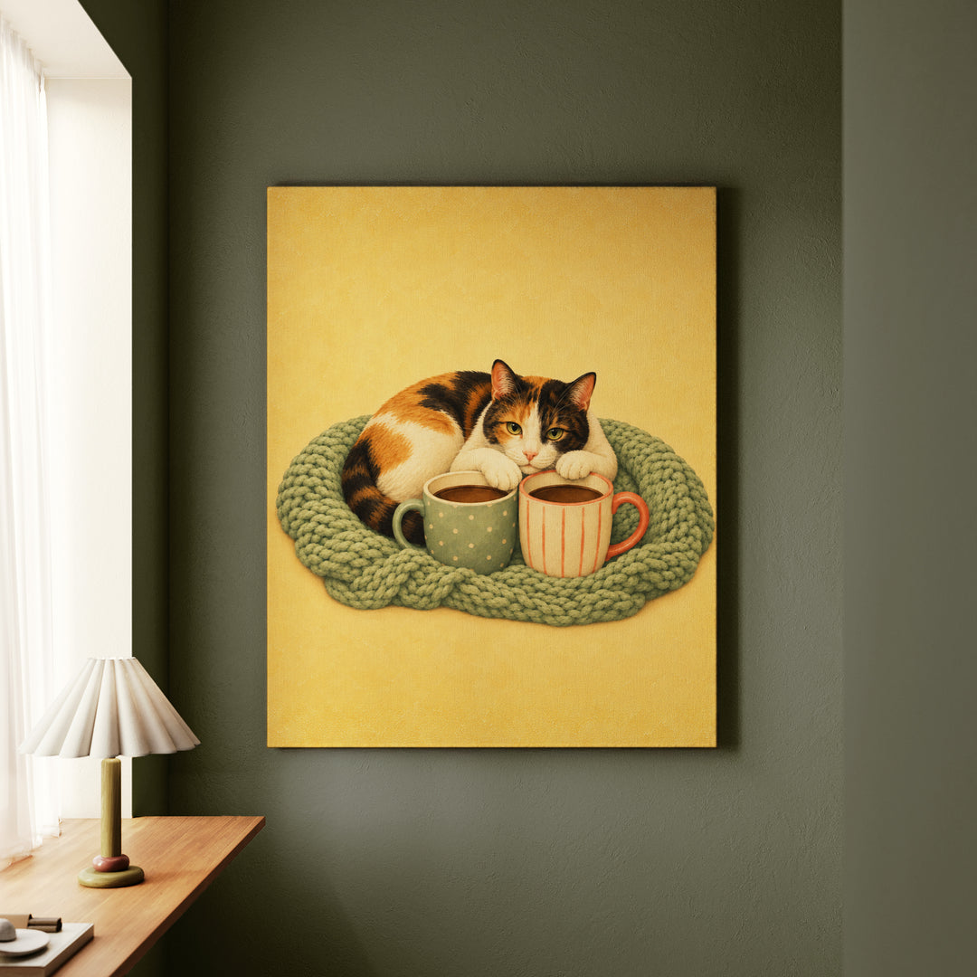 Cat Mom Club – Cat Mom Art with a Knit Blanket and Two Mugs – Canvas Wall Art