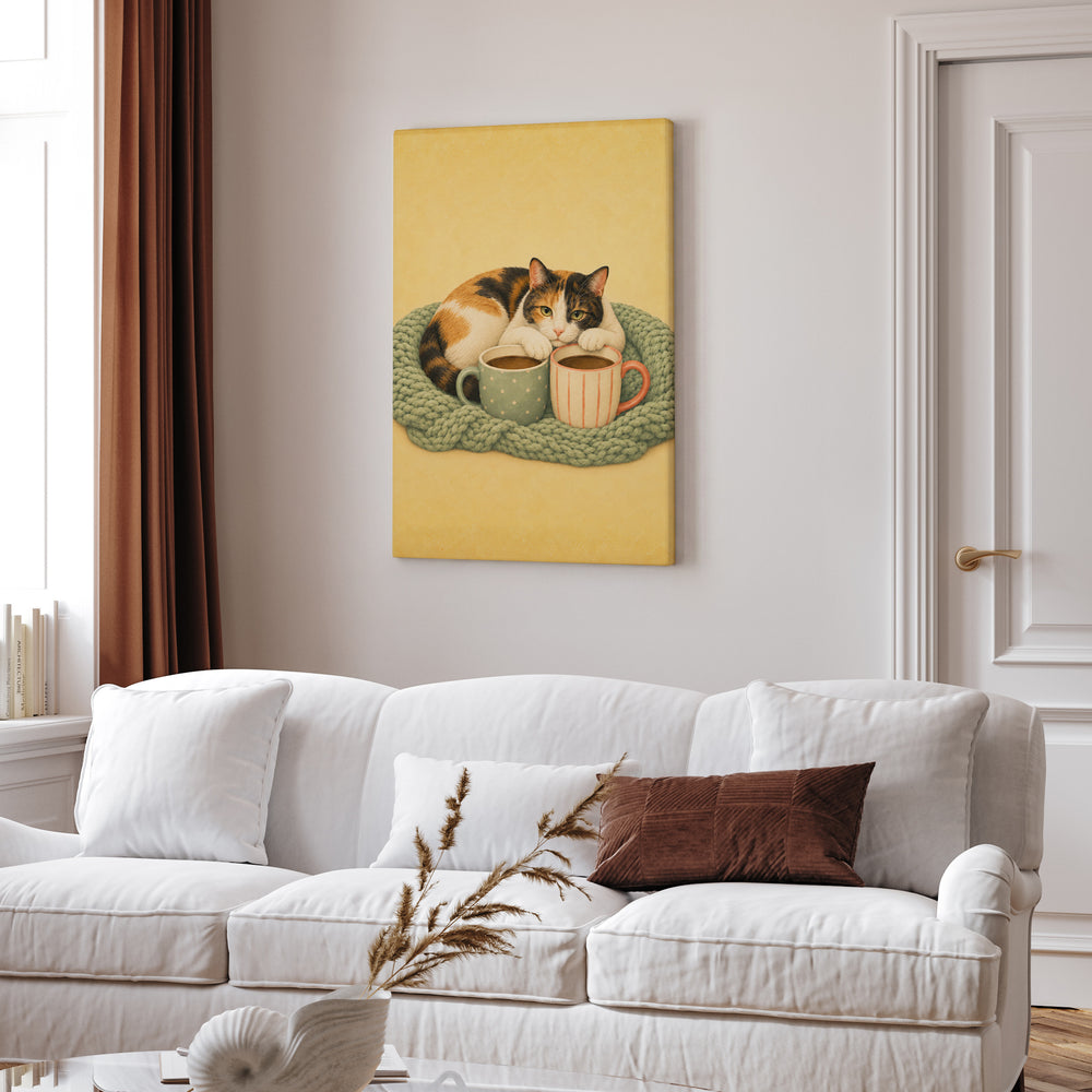Cat Mom Club – Cat Mom Art with a Knit Blanket and Two Mugs – Canvas Wall Art