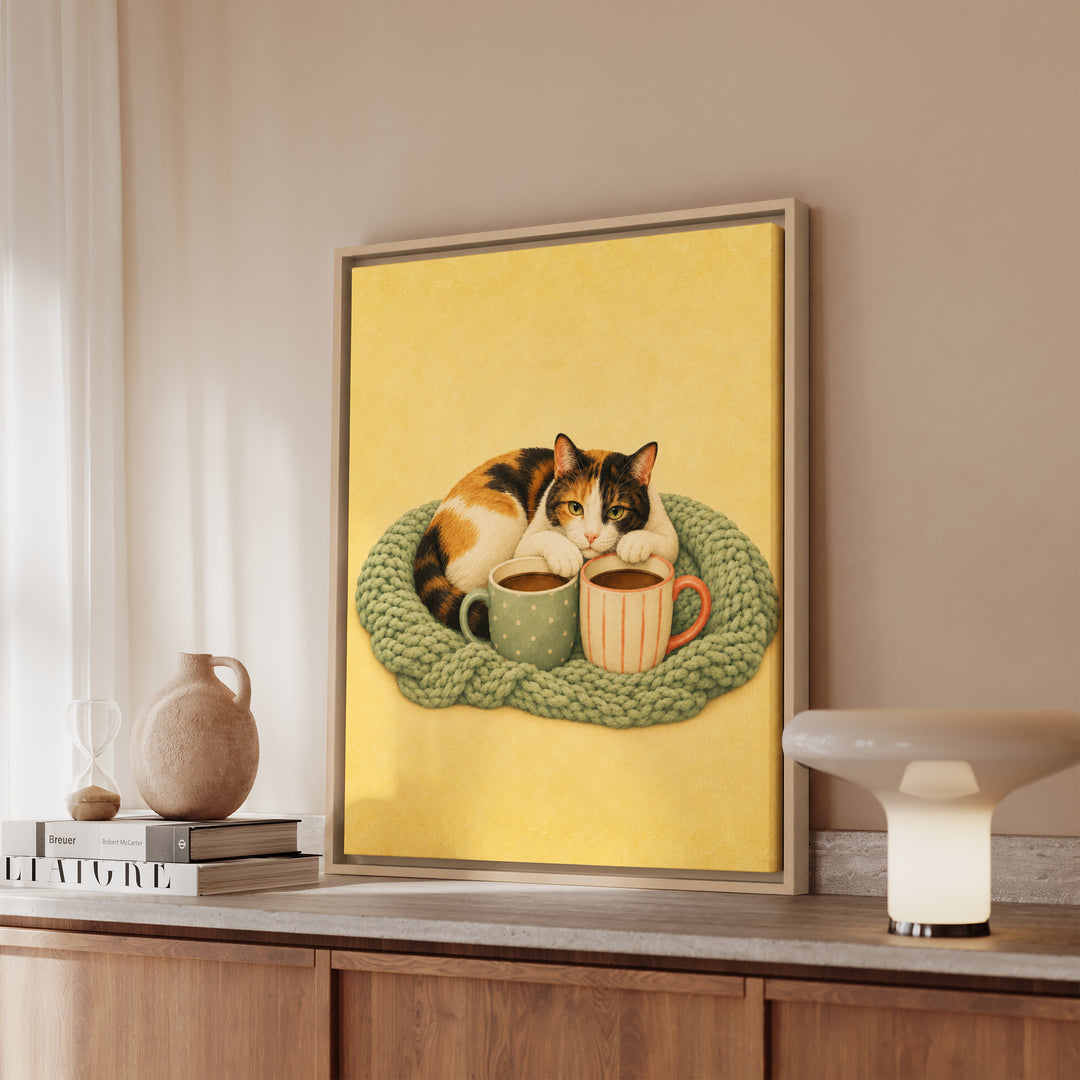 Cat Mom Club – Cat Mom Art with a Knit Blanket and Two Mugs – Framed Canvas Wall Art