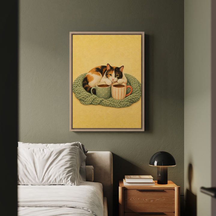 Cat Mom Club – Cat Mom Art with a Knit Blanket and Two Mugs – Canvas / Framed Canvas