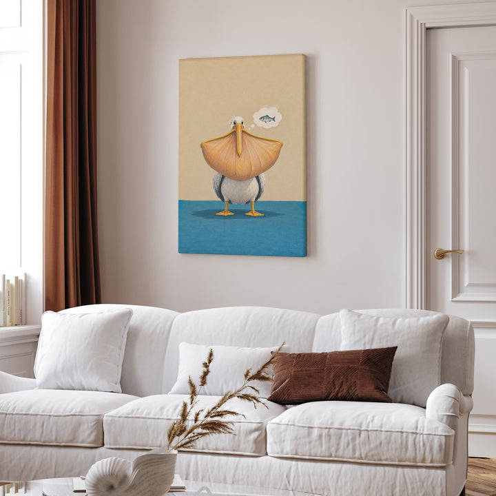 The One That Got Away – Fishing Wall Art with a Pelican Stretching the Truth – Canvas Wall Art
