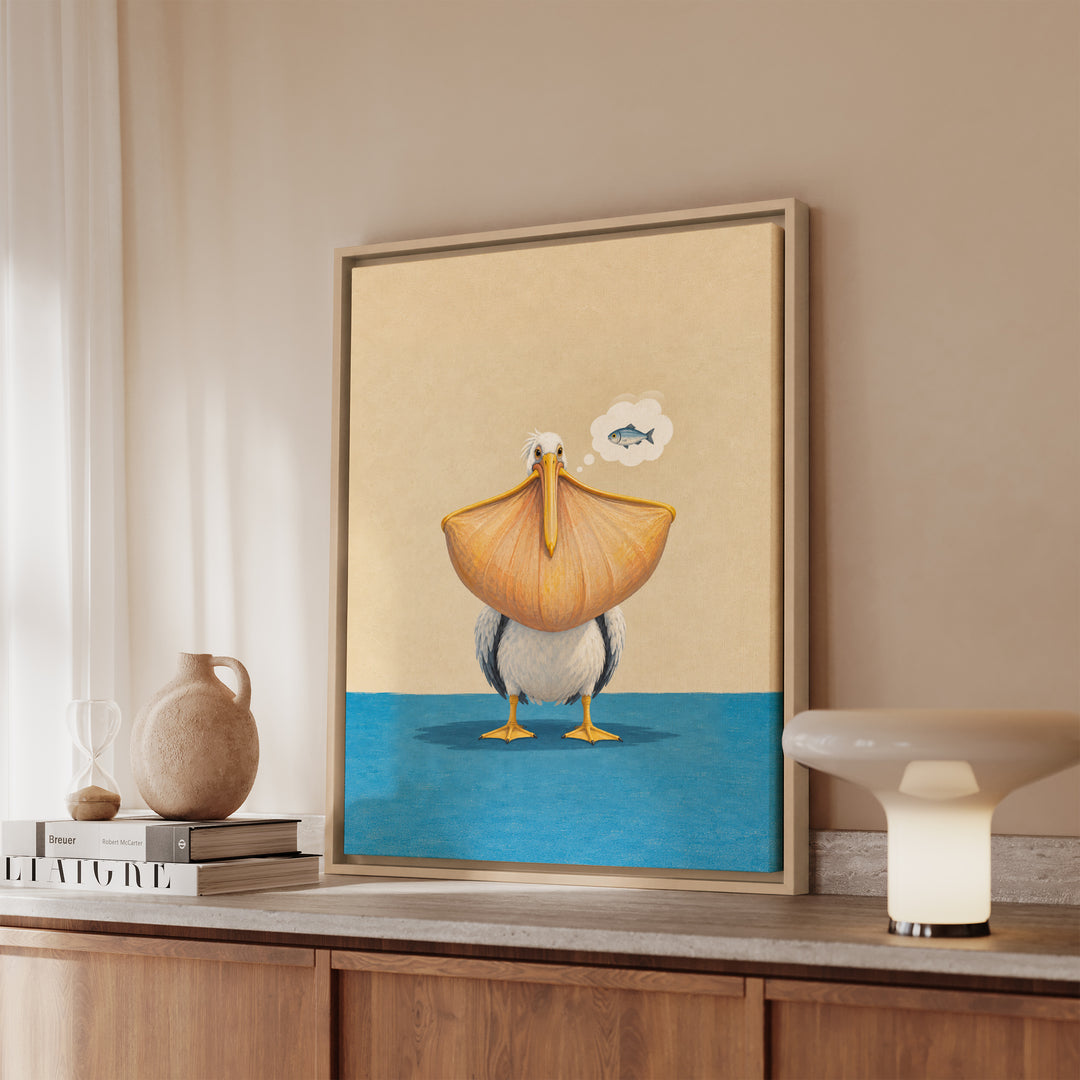 The One That Got Away – Fishing Wall Art with a Pelican Stretching the Truth – Framed Canvas Wall Art