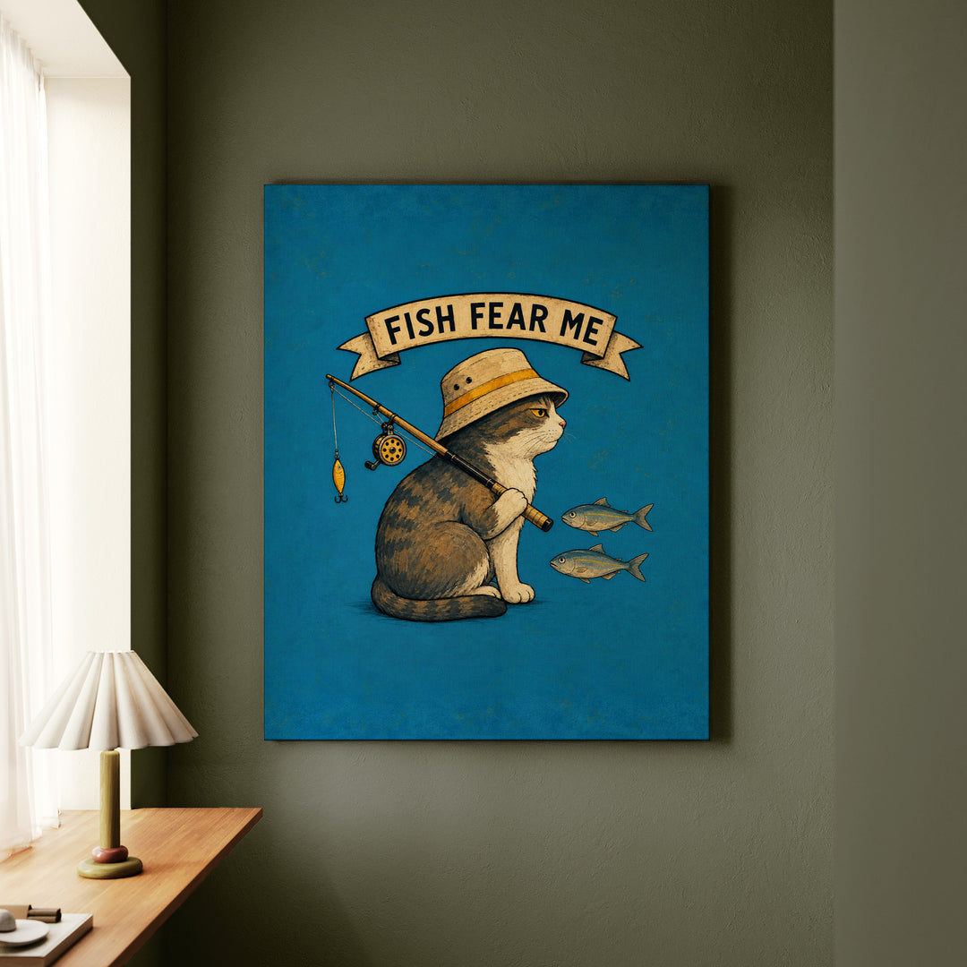 Fish Fear Me – Fishing Art with a Bucket Hat and a Backwards Rod – Canvas Wall Art