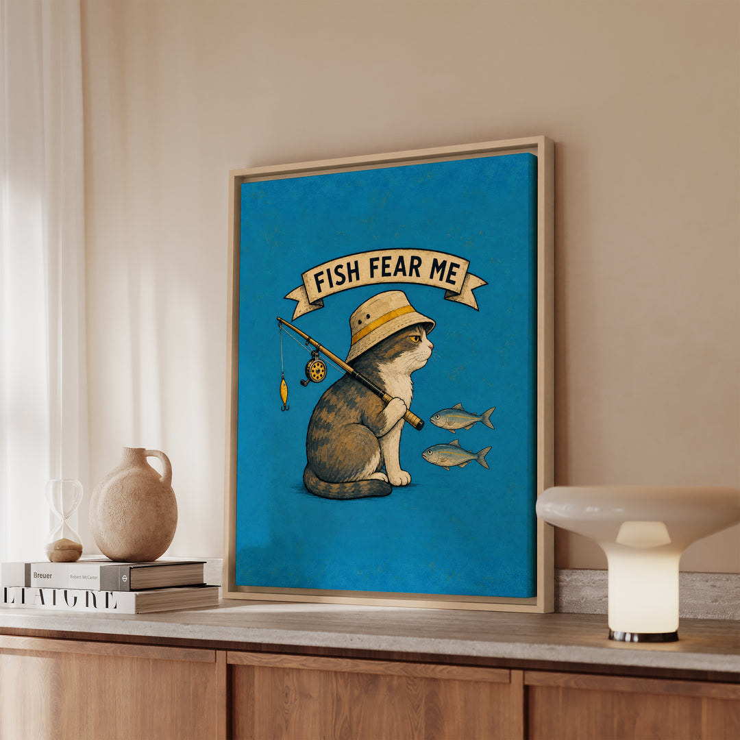 Fish Fear Me – Fishing Art with a Bucket Hat and a Backwards Rod – Framed Canvas Wall Art