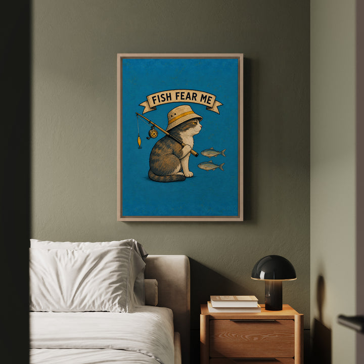 Fish Fear Me – Fishing Art with a Bucket Hat and a Backwards Rod – Framed Canvas Wall Art