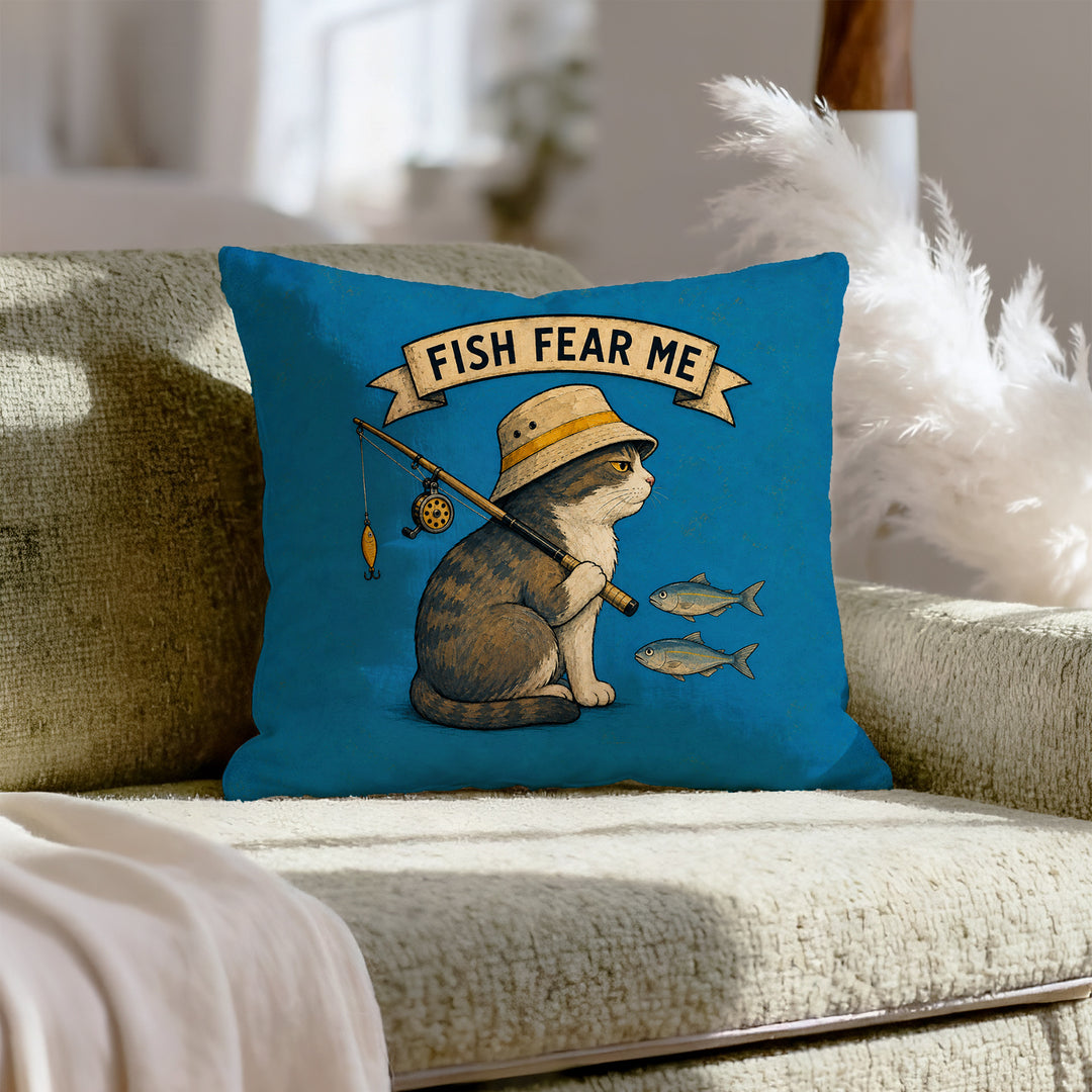 Fish Fear Me – Fishing Decor with a Bucket Hat and a Backwards Rod – Pillow Cover