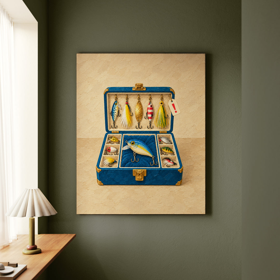 Tackle Box, Open – Fishing Wall Art with Lures Glinting Like Jewels – Canvas / Framed Canvas