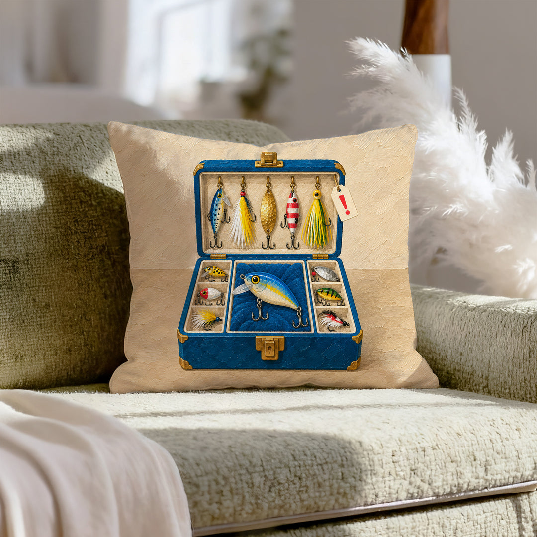 Tackle Box, Open – Fishing Decor with Lures Glinting Like Jewels – Pillow Cover