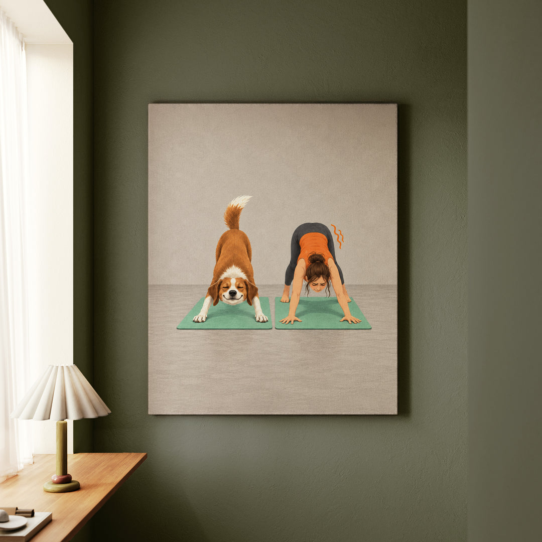 Downward Dog, Literal – Yoga Wall Art with a Flawless Pose Beside a Wobble – Canvas / Framed Canvas