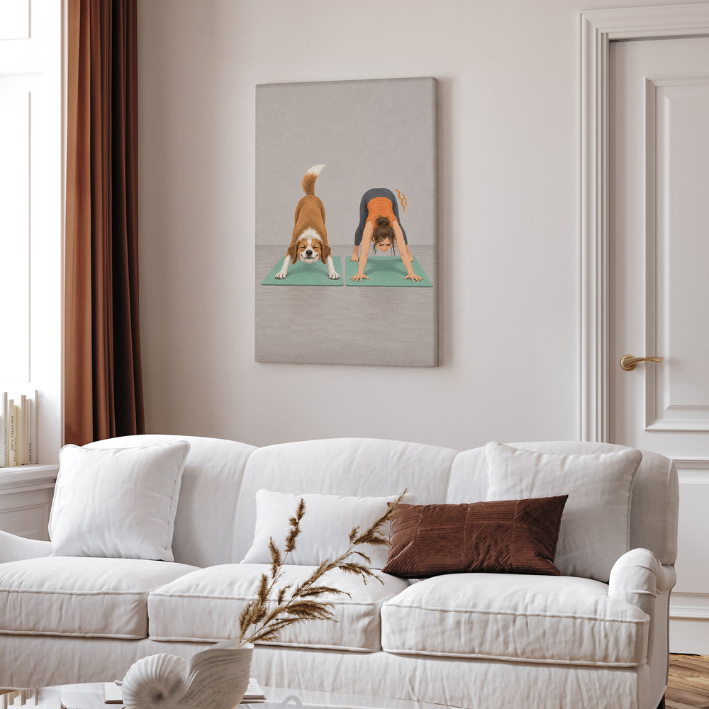 Downward Dog, Literal – Yoga Wall Art with a Flawless Pose Beside a Wobble – Canvas Wall Art