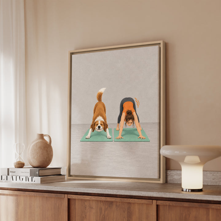 Downward Dog, Literal – Yoga Wall Art with a Flawless Pose Beside a Wobble – Canvas / Framed Canvas