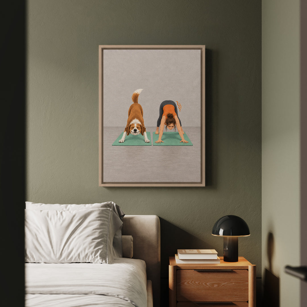 Downward Dog, Literal – Yoga Wall Art with a Flawless Pose Beside a Wobble – Canvas / Framed Canvas