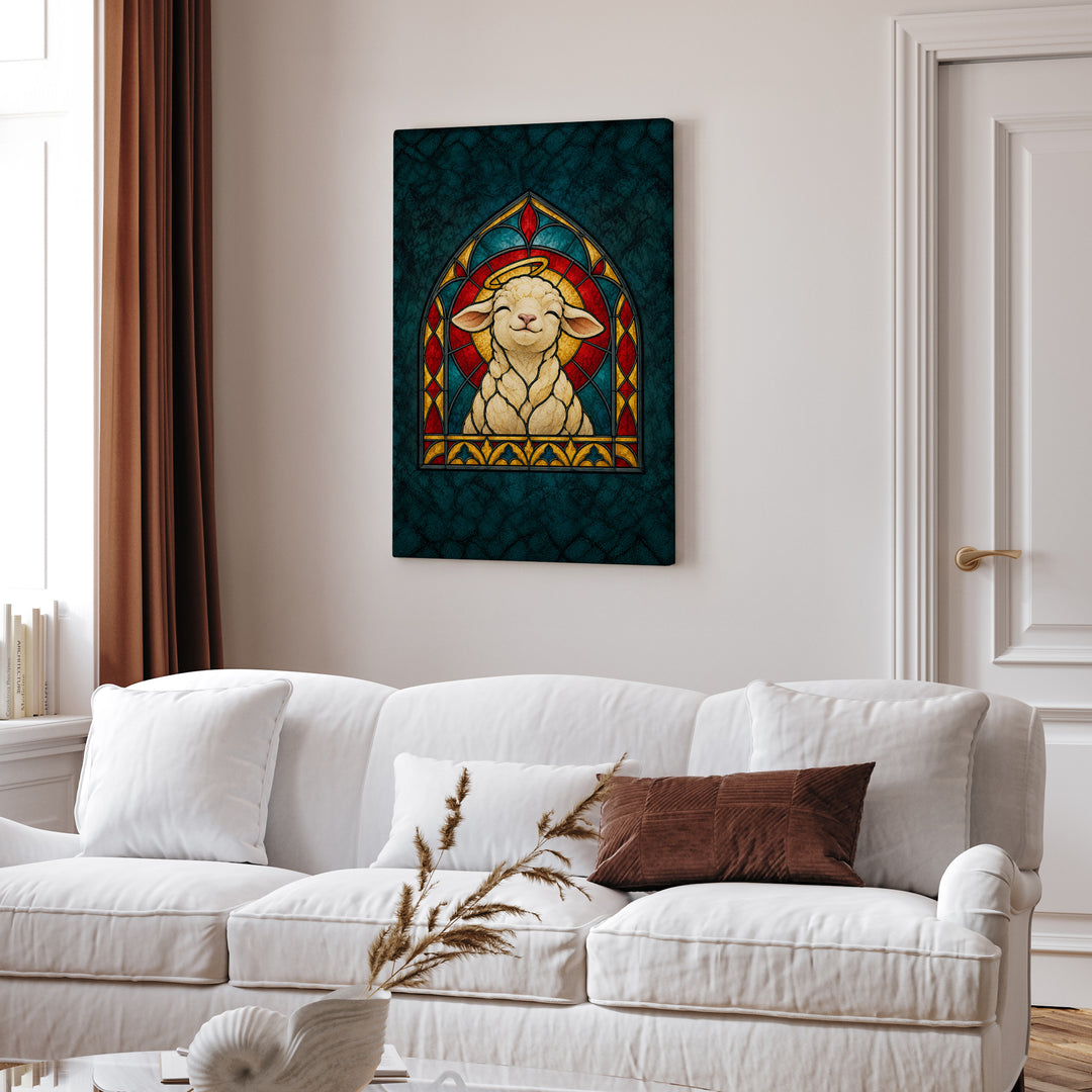 The Good Shepherd's Favorite – Christian Wall Art with a Lamb in a Gothic Arch – Canvas / Framed Canvas