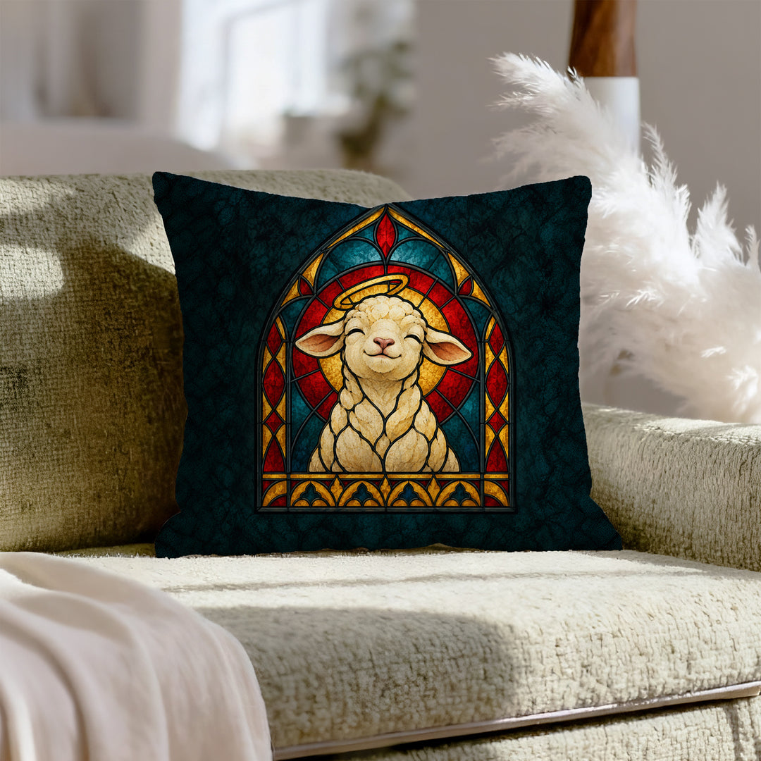 The Good Shepherd's Favorite – Christian Decor with a Lamb in a Gothic Arch – Pillow Cover