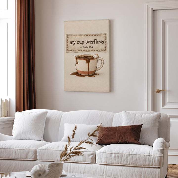 My Cup Overflows – Psalm Wall Art with a Stitched Linen Look – Canvas Wall Art