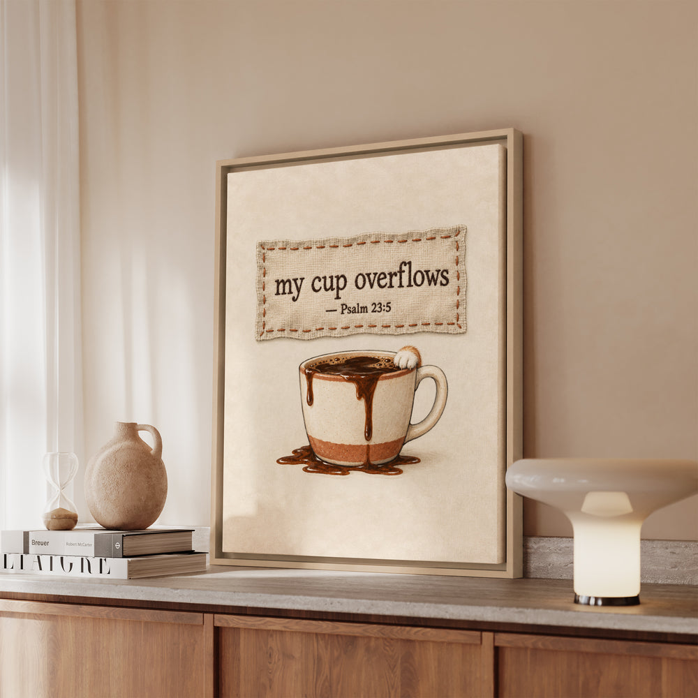 My Cup Overflows – Psalm Wall Art with a Stitched Linen Look – Canvas / Framed Canvas