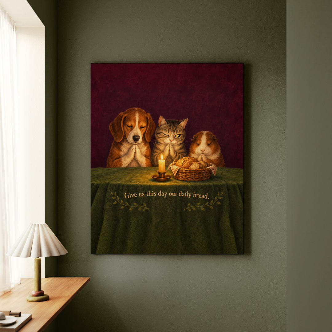 Daily Bread – Bible Verse Wall Art with a Candlelit Animal Table – Canvas Wall Art