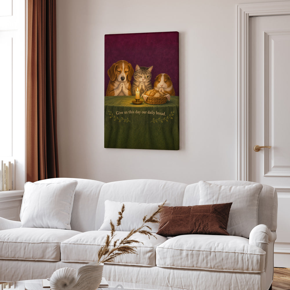 Daily Bread – Bible Verse Wall Art with a Candlelit Animal Table – Canvas Wall Art