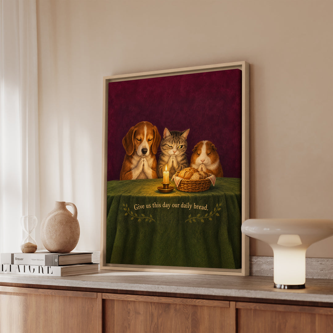 Daily Bread – Bible Verse Wall Art with a Candlelit Animal Table – Framed Canvas Wall Art