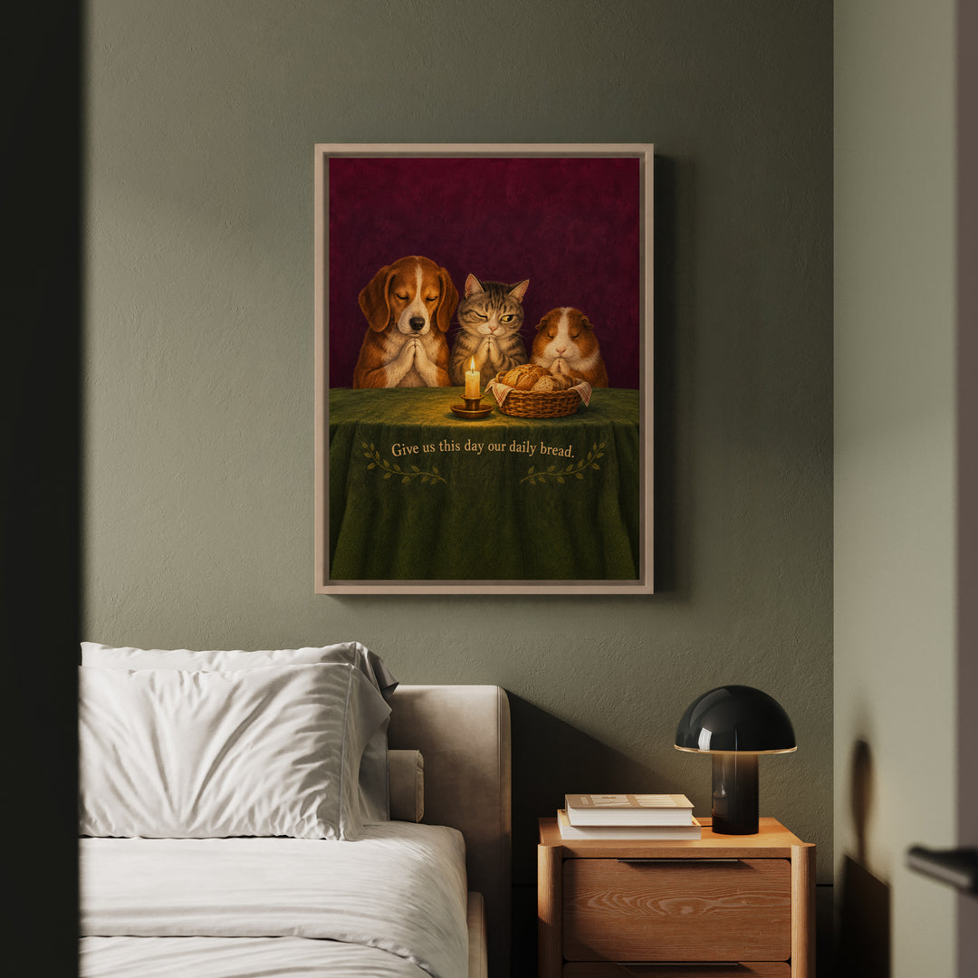 Daily Bread – Bible Verse Wall Art with a Candlelit Animal Table – Canvas / Framed Canvas