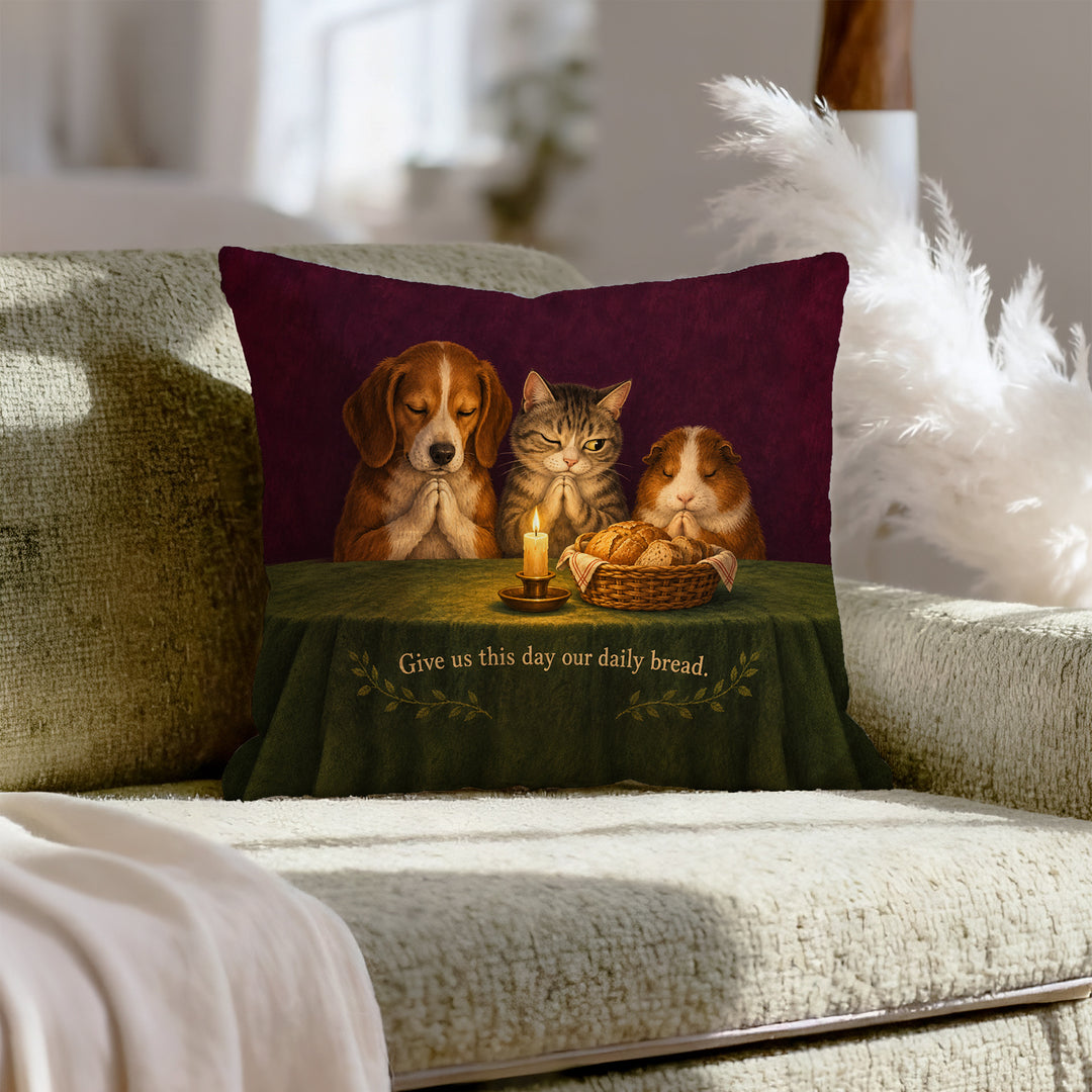 Daily Bread – Bible Verse Decor with a Candlelit Animal Table – Throw Pillow