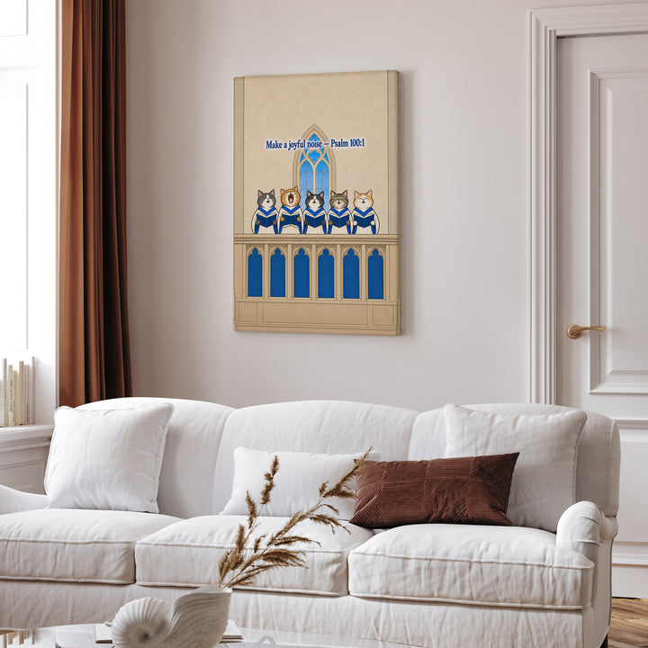 Joyful Noise – Scripture Wall Art with Five Cats in Choir Robes – Canvas / Framed Canvas