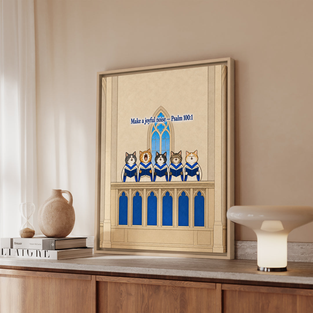 Joyful Noise – Scripture Wall Art with Five Cats in Choir Robes – Framed Canvas Wall Art