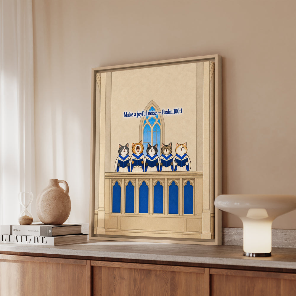 Joyful Noise – Scripture Wall Art with Five Cats in Choir Robes – Canvas / Framed Canvas