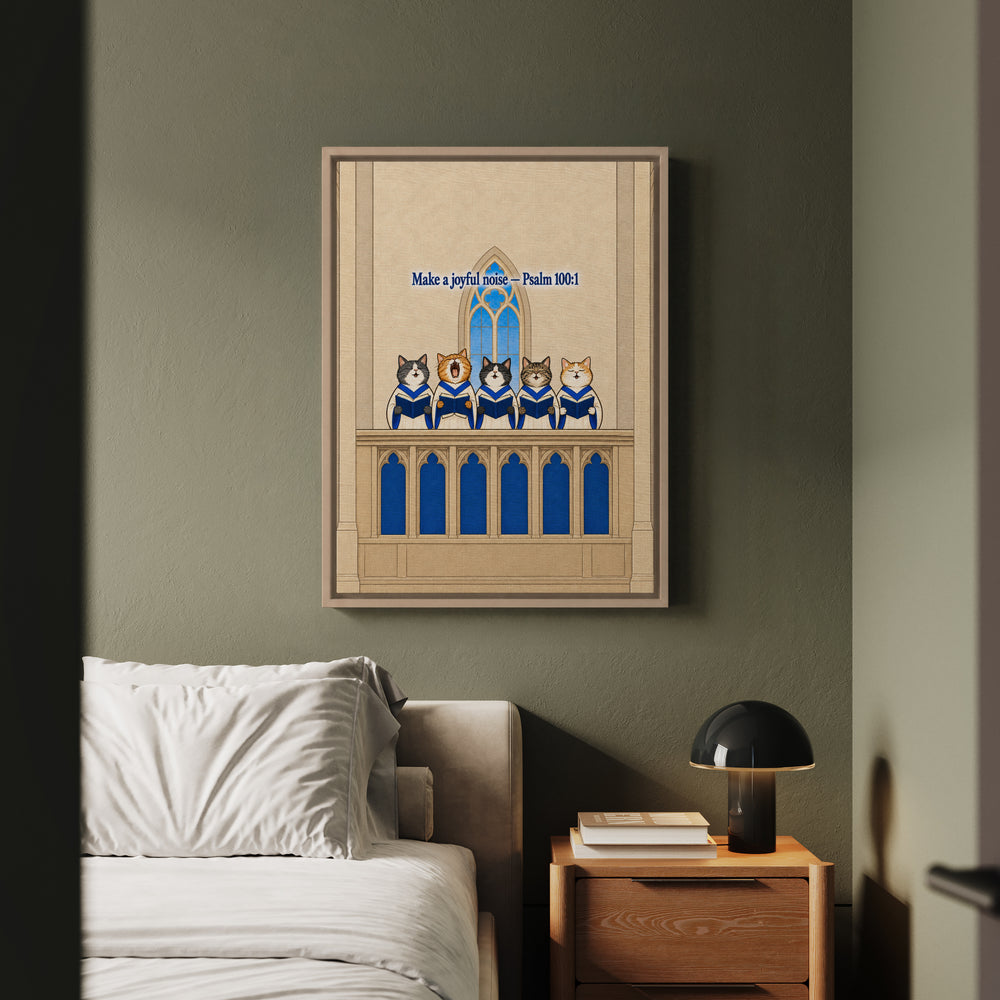 Joyful Noise – Scripture Wall Art with Five Cats in Choir Robes – Framed Canvas Wall Art