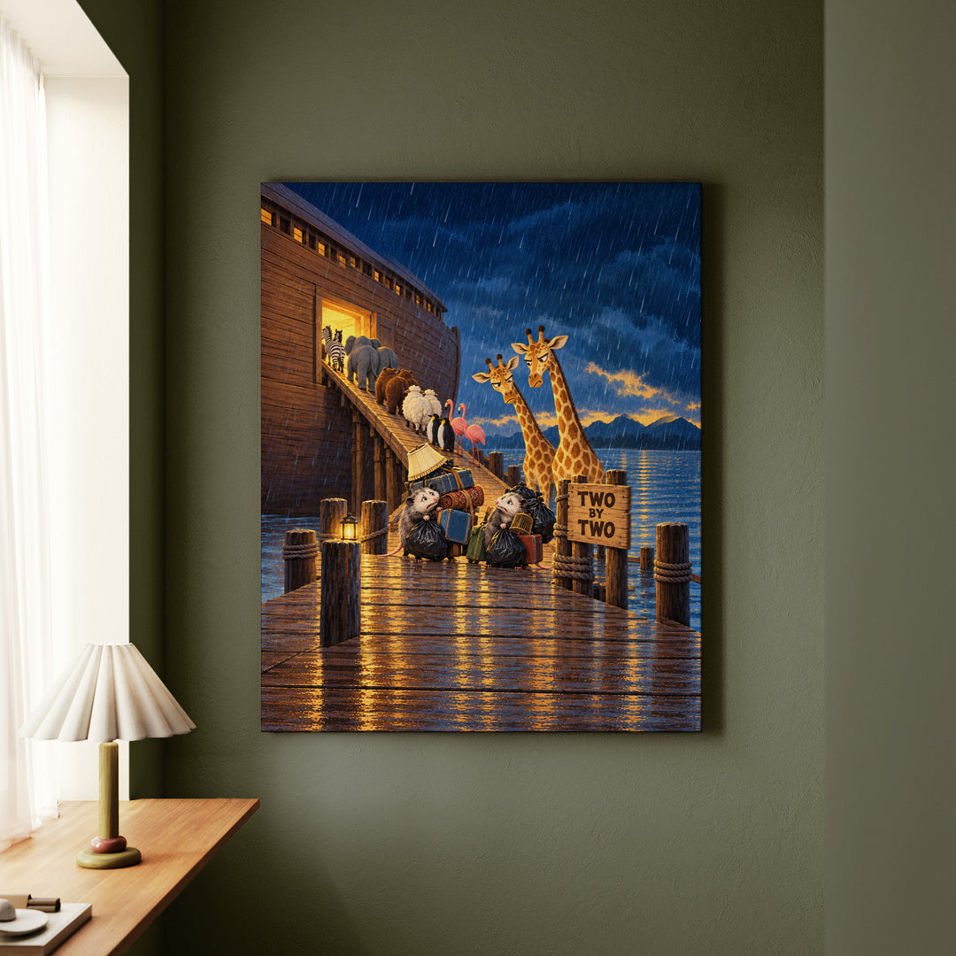 Two by Two – Noahs Ark Wall Art with a Gangway Queue in Evening Rain – Canvas / Framed Canvas