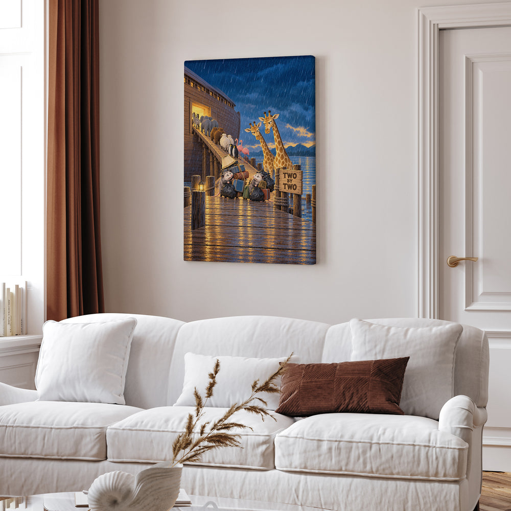 Two by Two – Noahs Ark Wall Art with a Gangway Queue in Evening Rain – Canvas Wall Art