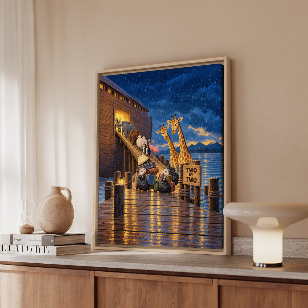 Two by Two – Noahs Ark Wall Art with a Gangway Queue in Evening Rain – Canvas / Framed Canvas
