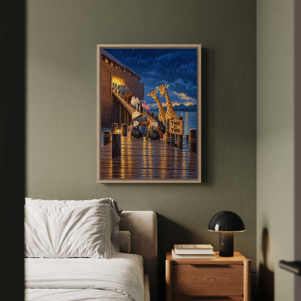 Two by Two – Noahs Ark Wall Art with a Gangway Queue in Evening Rain – Framed Canvas Wall Art