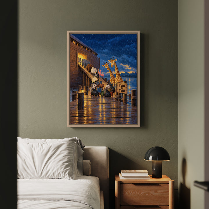 Two by Two – Noahs Ark Wall Art with a Gangway Queue in Evening Rain – Framed Canvas Wall Art