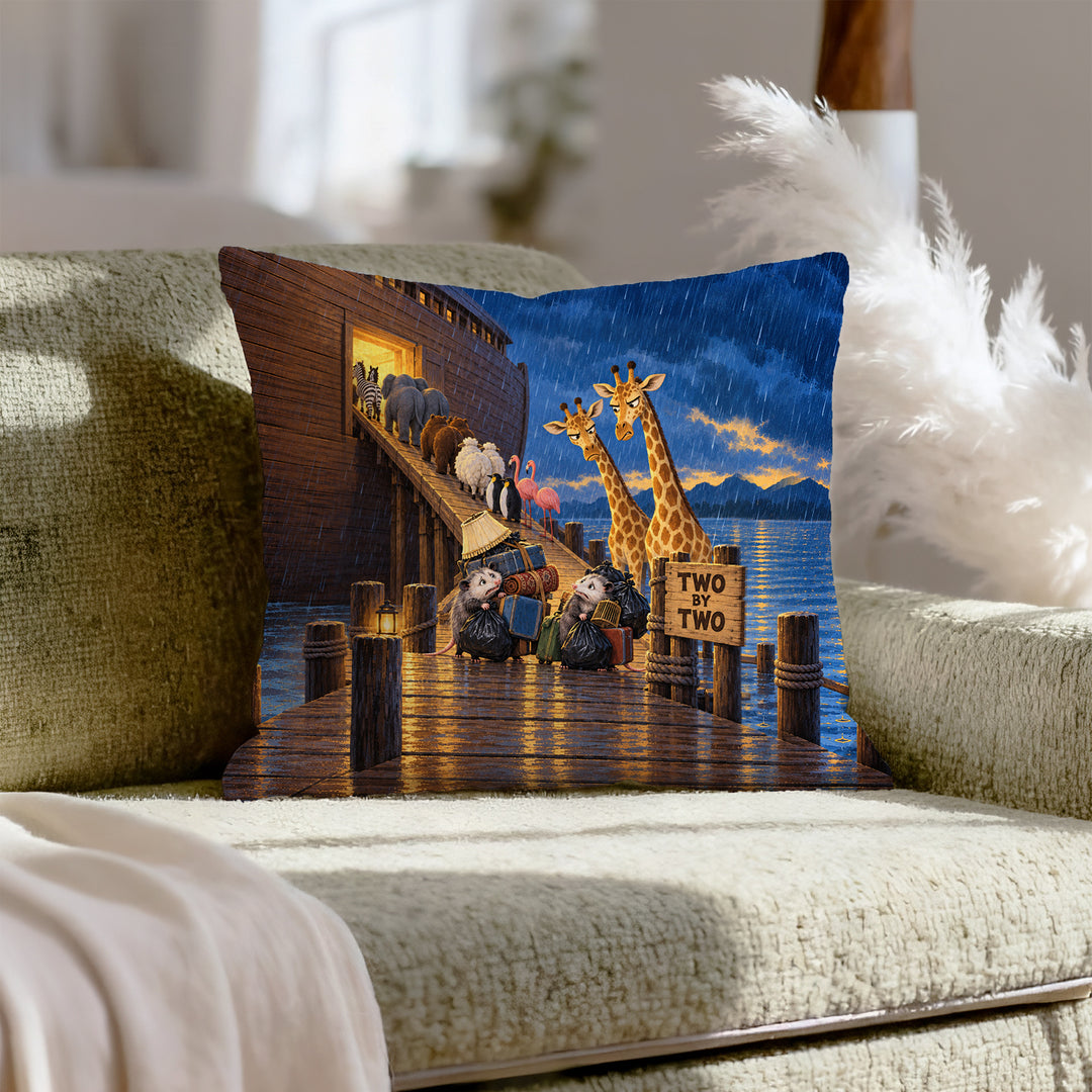 Two by Two – Noahs Ark Decor with a Gangway Queue in Evening Rain – Throw Pillow
