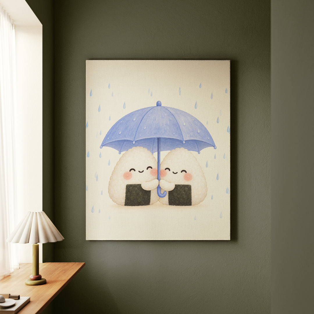 Onigiri Friends – Kawaii Room Decor with Two Rice Balls Sharing Cover – Canvas / Framed Canvas