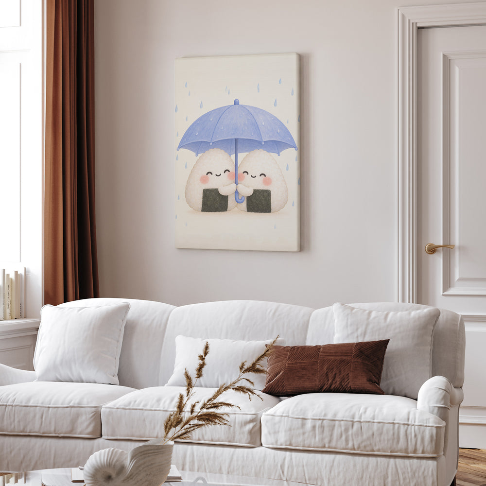 Onigiri Friends – Kawaii Room Decor with Two Rice Balls Sharing Cover – Canvas Wall Art