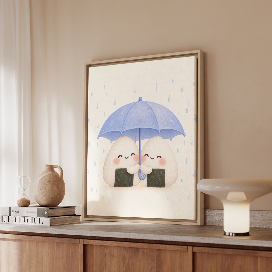Onigiri Friends – Kawaii Room Decor with Two Rice Balls Sharing Cover – Framed Canvas Wall Art