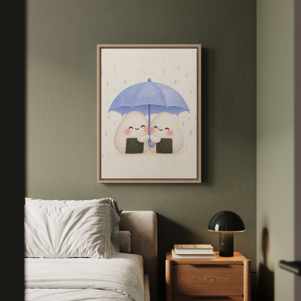 Onigiri Friends – Kawaii Room Decor with Two Rice Balls Sharing Cover – Framed Canvas Wall Art