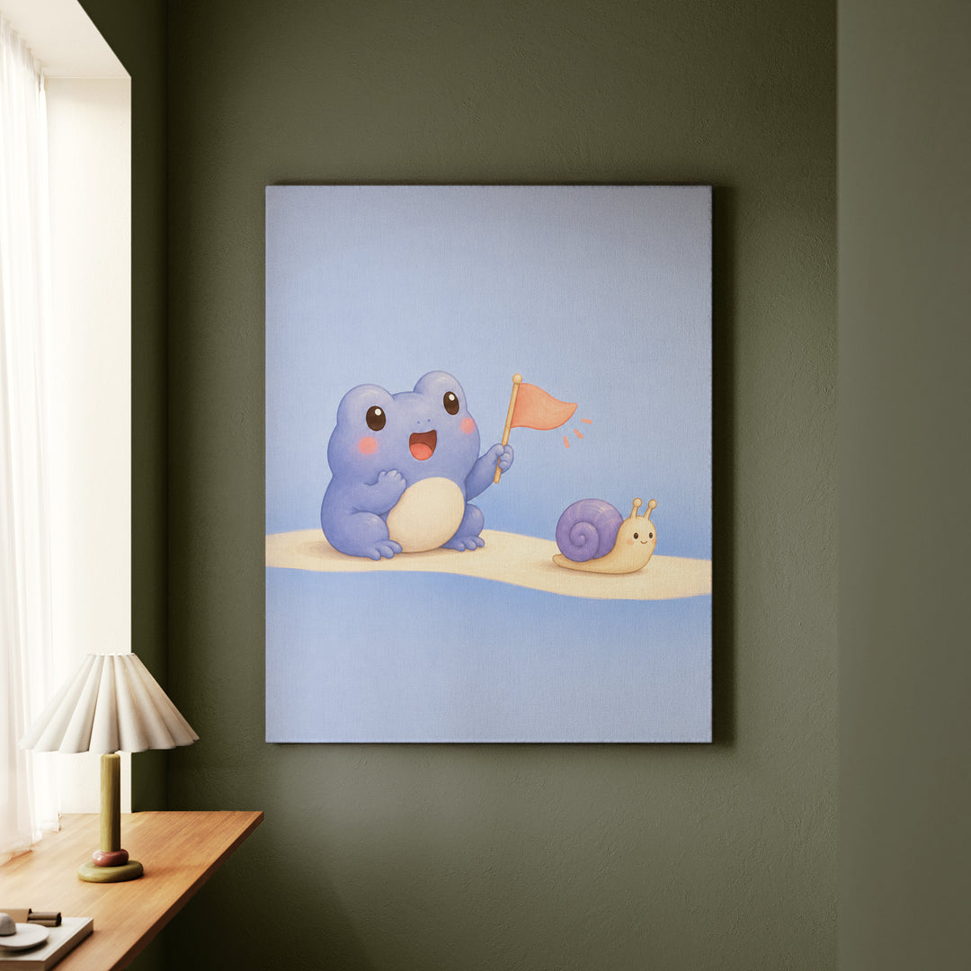 The Tiny Cheer – Kawaii Room Decor with a Frog Cheering a Snail – Canvas / Framed Canvas