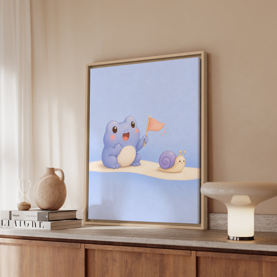 The Tiny Cheer – Kawaii Room Decor with a Frog Cheering a Snail – Framed Canvas Wall Art