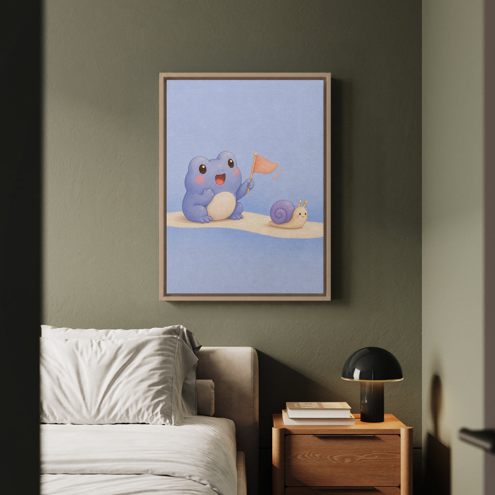 The Tiny Cheer – Kawaii Room Decor with a Frog Cheering a Snail – Framed Canvas Wall Art
