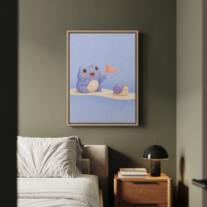 The Tiny Cheer – Kawaii Room Decor with a Frog Cheering a Snail – Framed Canvas Wall Art