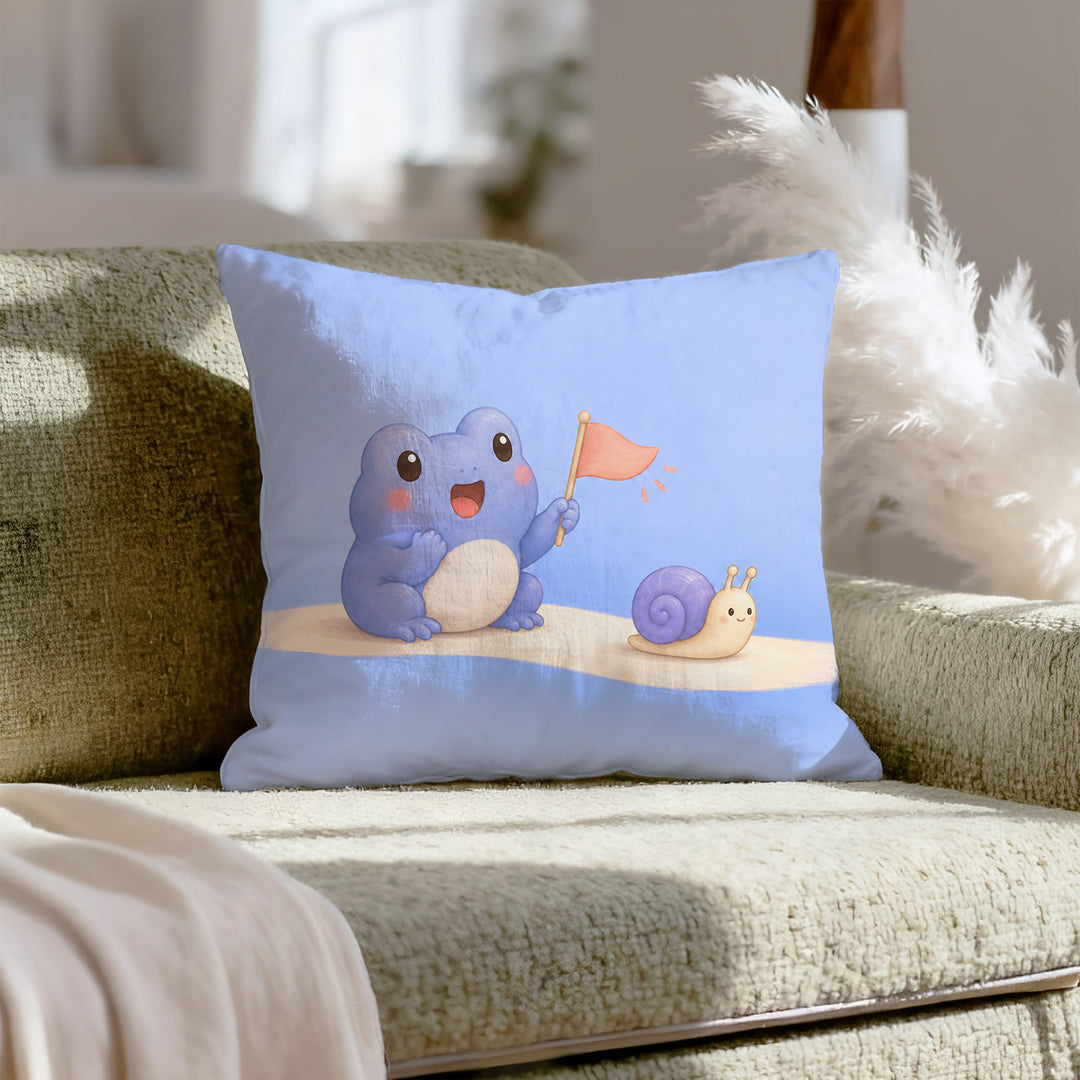 The Tiny Cheer – Kawaii Room Decor with a Frog Cheering a Snail – Throw Pillow