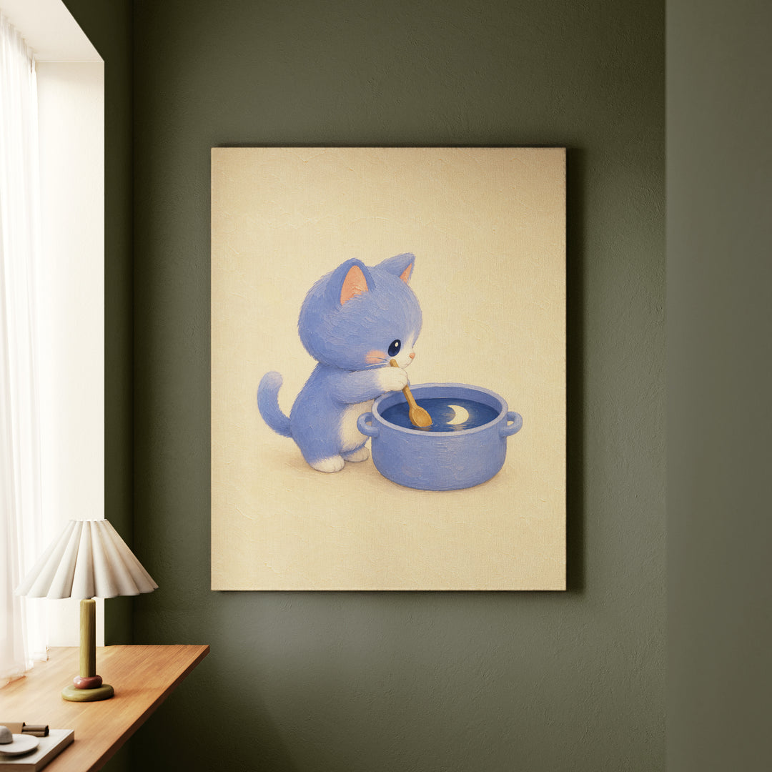 Moon Soup – Kawaii Room Decor with a Cat Stirring the Sky – Canvas Wall Art