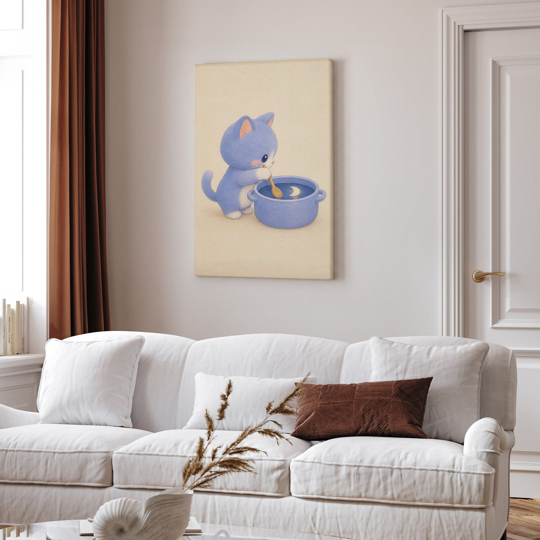 Moon Soup – Kawaii Room Decor with a Cat Stirring the Sky – Canvas Wall Art