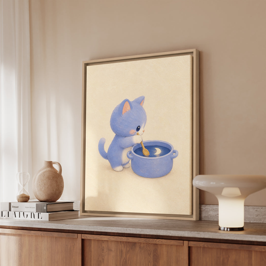 Moon Soup – Kawaii Room Decor with a Cat Stirring the Sky – Canvas / Framed Canvas