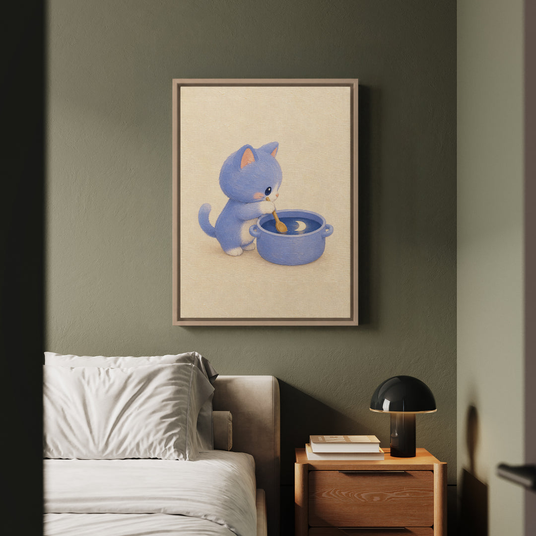 Moon Soup – Kawaii Room Decor with a Cat Stirring the Sky – Framed Canvas Wall Art