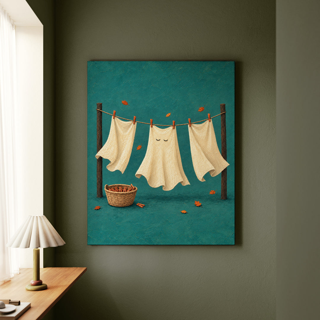 Ghost Laundry Day – Ghost Art with White Sheets and Two Eye Holes – Canvas Wall Art